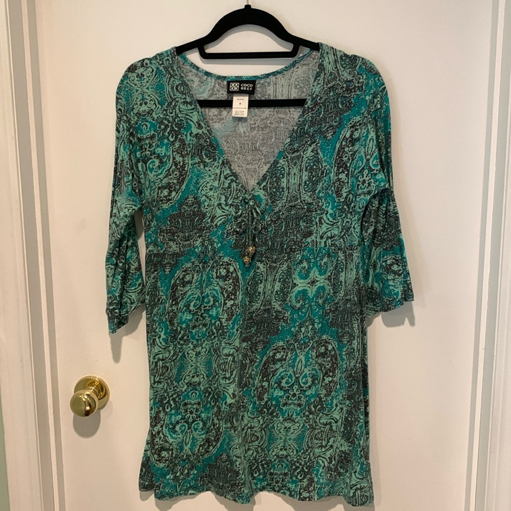 Coco Reef 100% cotton teal/black/mint colored beach dress with bell sleeves-Sz M